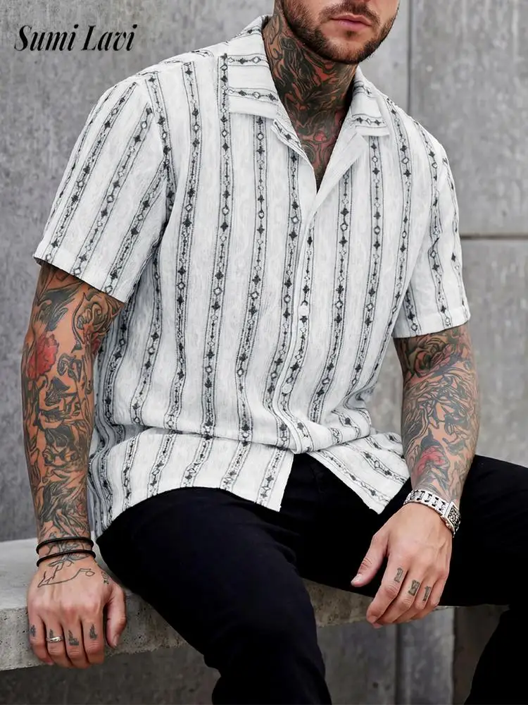Seaside Beach Vintage Striped Crochet Shirt For Mens Summer Casual Short Sleeve Button-up Lapel Cardigans Fashion Knitted Shirts