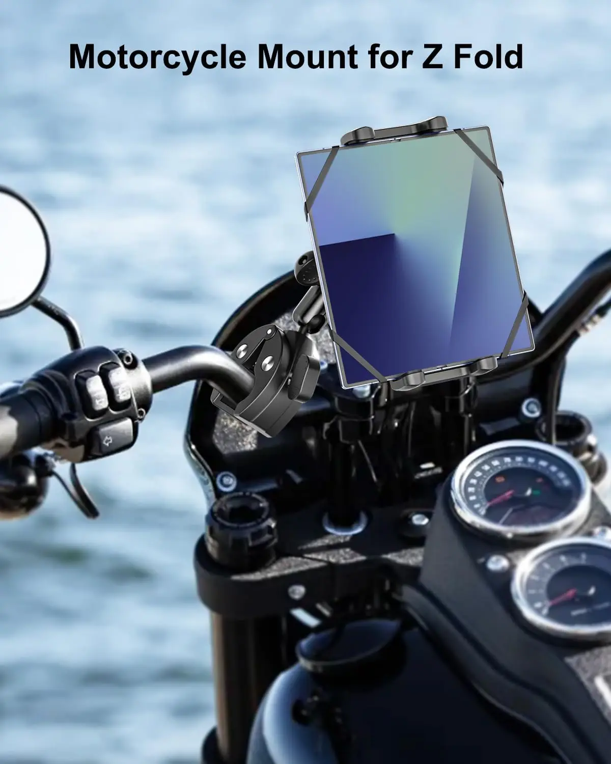Motorcycle Mount for Z Fold, Sturdy Metal Arm Bike Tablet Holder | [Security Silicone Strap] Bicycle Handlebar Clamp for Z Fold