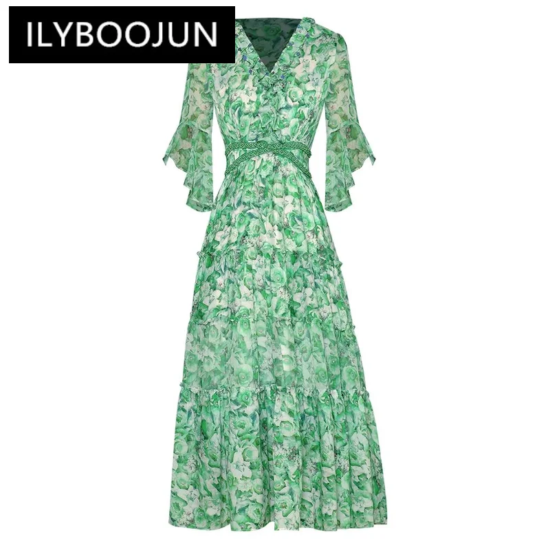 

ILYBOOJUN Fashion Designer Spring Summer Women Dress V-Neck Flare Sleeve Beading Flowers Print Elegant Party Midi Dresses