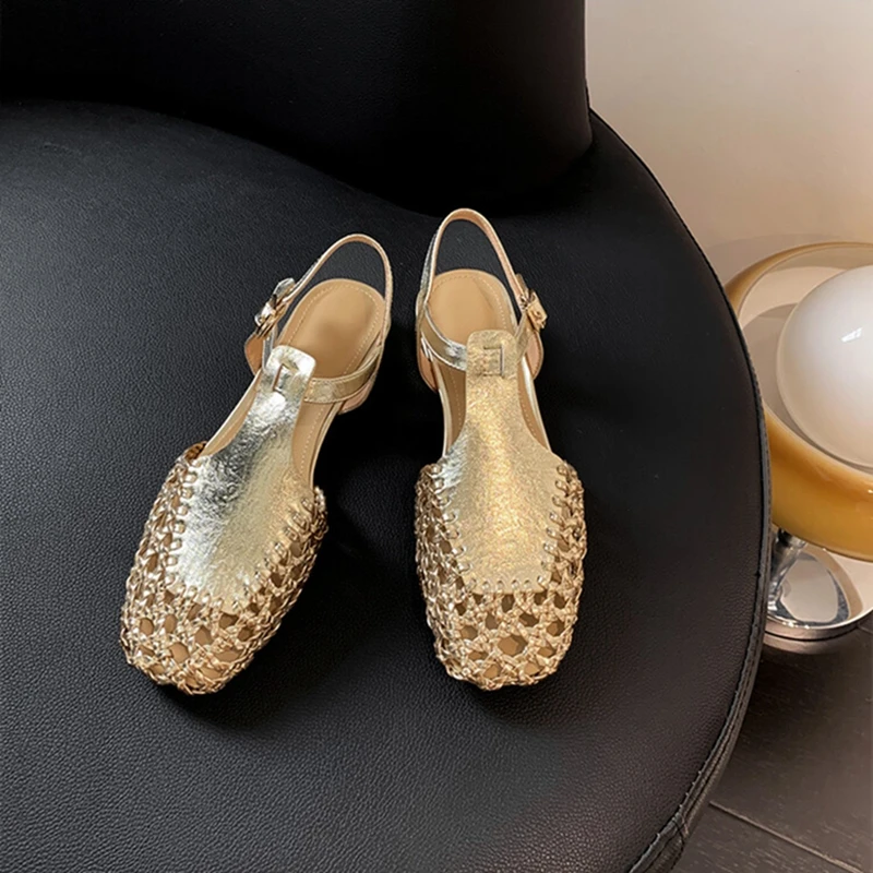 NEW Summer Women Sandals Split Leather Shoes for Women Round Toe Low Heel Shoes Hollow Sandals Cover Toe Slingback Designer Shoe