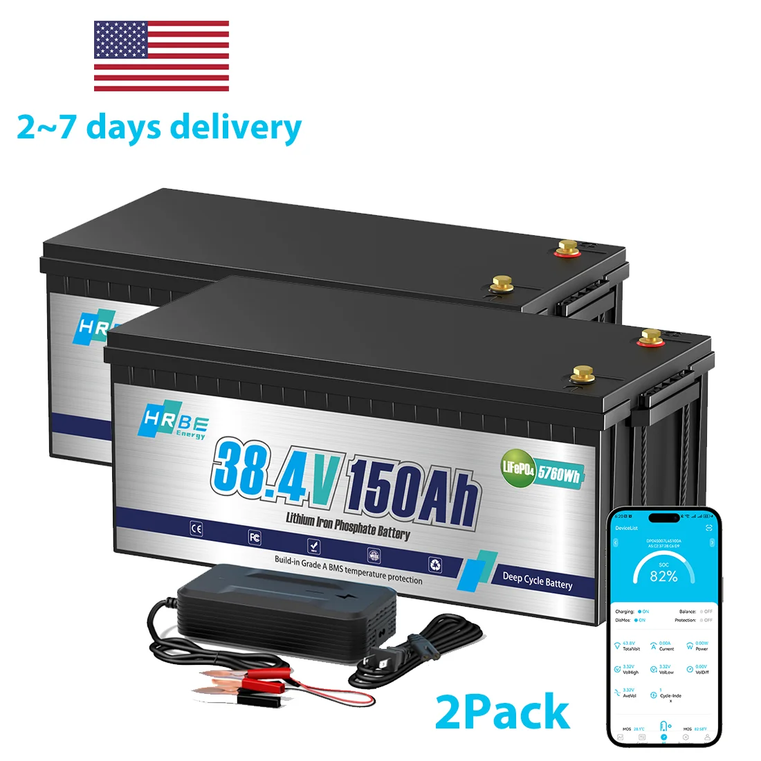 

36V 150Ah LiFePO4 Battery with 100A BMS Deep Cycles Lithium Battery for RV,Outdoor Camping,Solar,Marine,Home Energy Storage 2Pcs