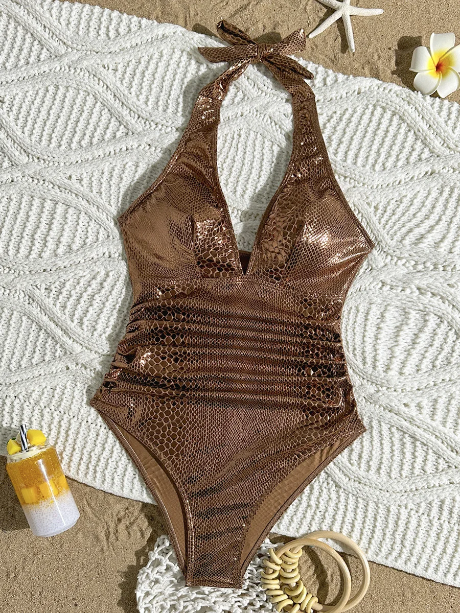 SnakeSkin Halter V Neck Backless One Piece Swimsuit Women Monokini Female Swimwear High Cut Bathing Suit Swim Bodysuit Beachwear