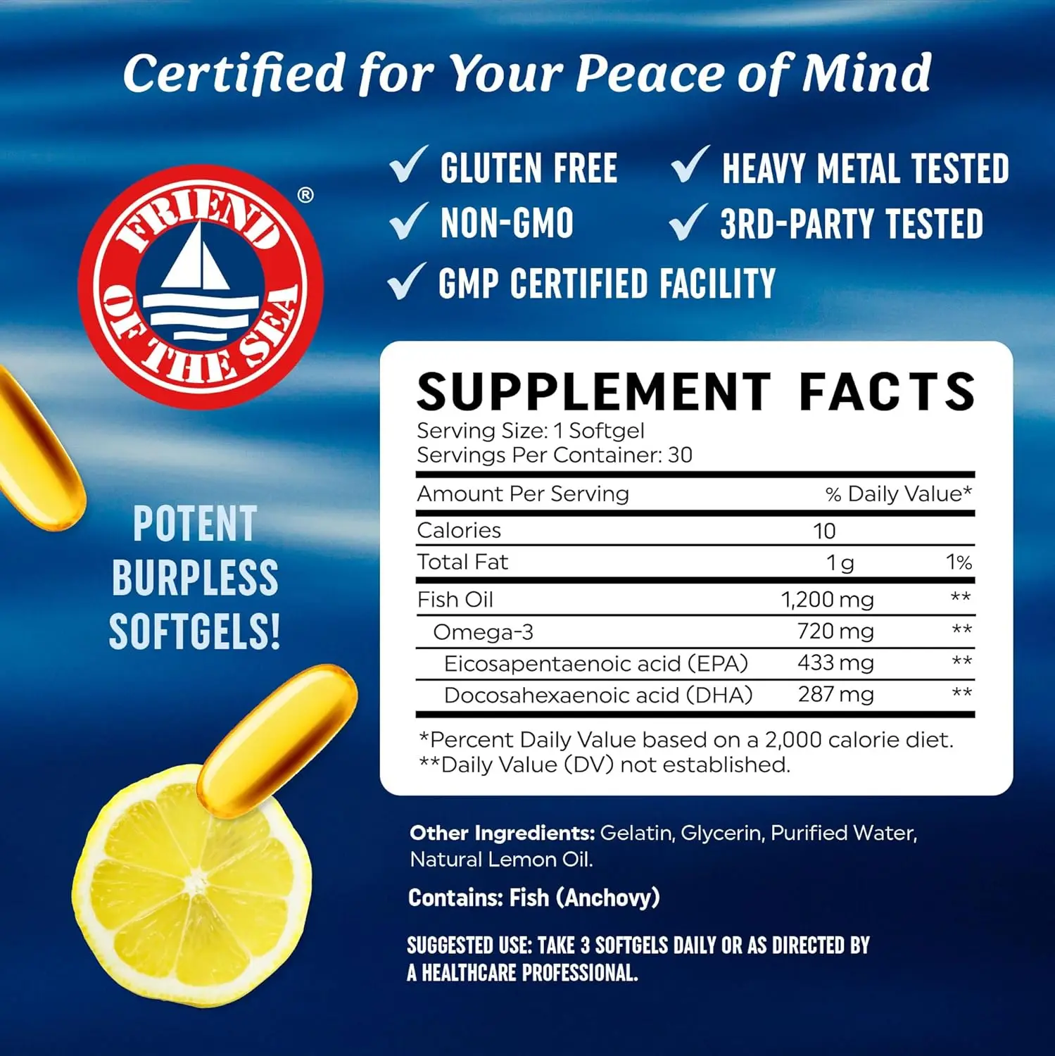 Omega 3 Fish Oil - Supports The Brain and Nervous System, Beneficial To Cardiovascular System, Promotes Skin Health, Antioxidant