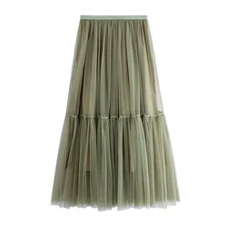 New Arrival 2025 Spring Summer Tulle High Waist Elegant Midi Long Skirt For Women Sweet Casual Mesh Tutu Skirts