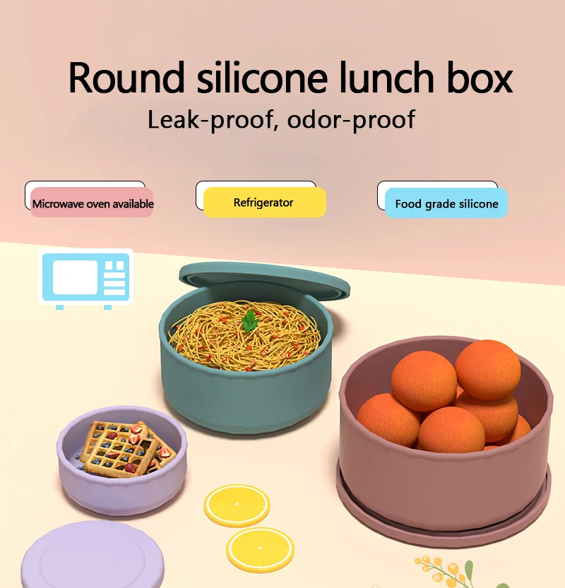 

Round silicone lunch box, food container, fruit salad, fresh-keeping bowl, microwave oven, dishwasher, safe lunch box