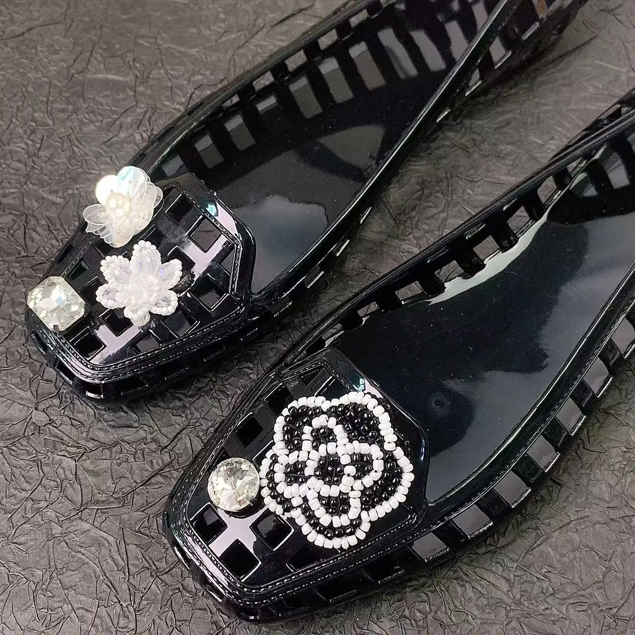 New Fashion Slippers for Women Summer Square Toe Women's Shoes White Silk Black Flower Suit Accessories Sandals Crystal Jelly Shoes Slip-On Slippers