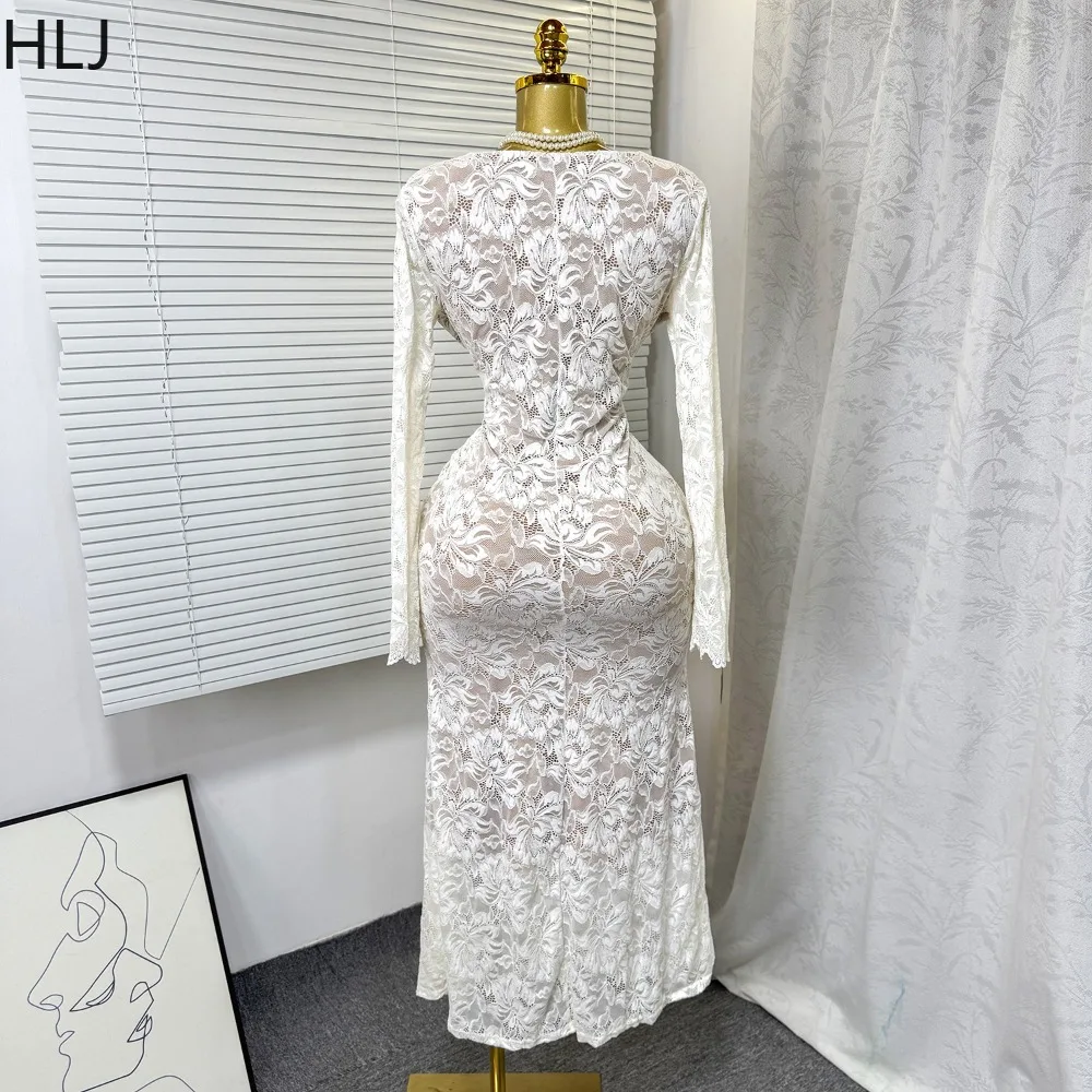 เดรสทรงบอดี้คอนผ้าลูกไม้สไตล์ฝรั่งเศส HLJ สำหรับผู้หญิง คอวีเว้า แขนยาว แฟชั่นสตรีทแวร์ รุ่นใหม่ ปี 2025