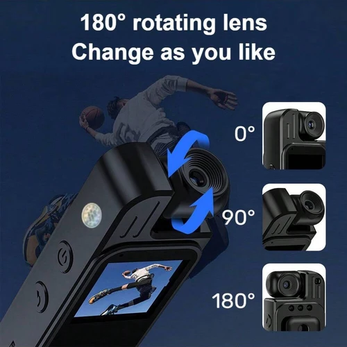 Imagen 2 del producto Mini cámara corporal 2K Pantalla de 1,3 pulgadas 180 ° Cámara montada en el cuerpo con lente giratoria, pequeña cámara portátil con visión nocturna IR, cámara para bicicleta