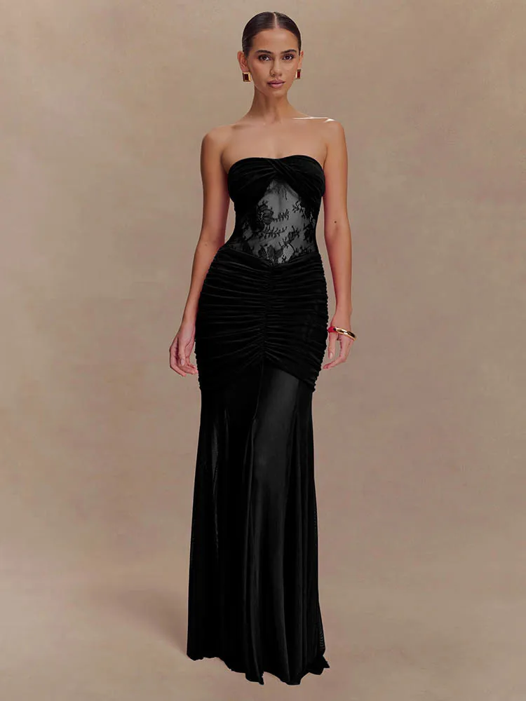 Articat elegante senza spalline in pizzo patchwork doppio strato stretto abito lungo donna sexy backless sheer party club aderente abiti2025