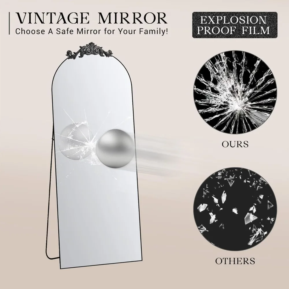 Espelho de comprimento total com arco grande estilo barroco vintage, 65x24 independente com tampo esculpido, acabamento antigo, estrutura totalmente de metal, Ful