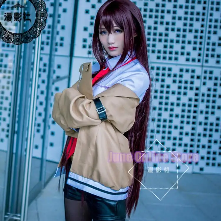 Steins Gate Costume Cosplay Anime giapponesi Gioco Cosplay Kurisu Makise Uniformi Set completo Cappotto Camicia Cravatta Gonna Custom Made