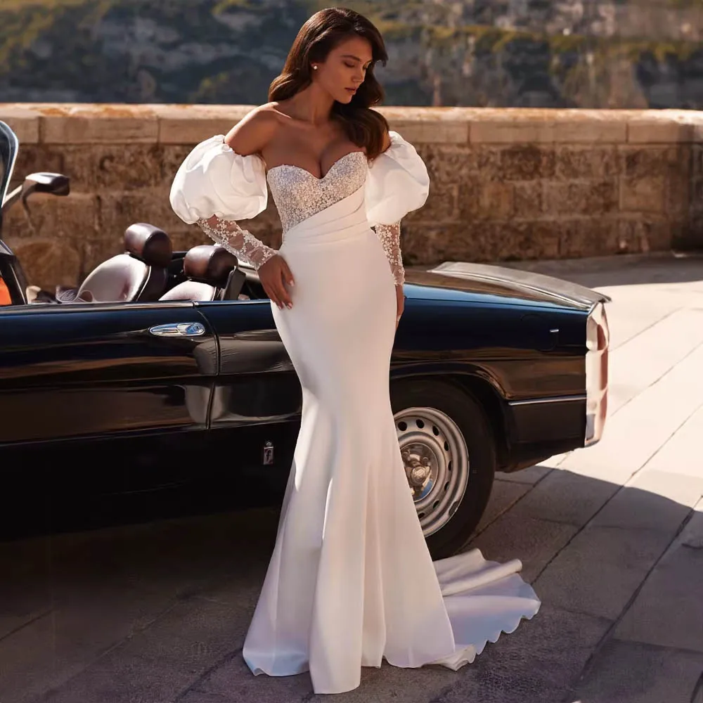 Customized Glamorous Off the Shoulder Sequins Wedding Dress For Woman Bride with Removable Ruff Sleeve Court Mermaid Bridal Gown
