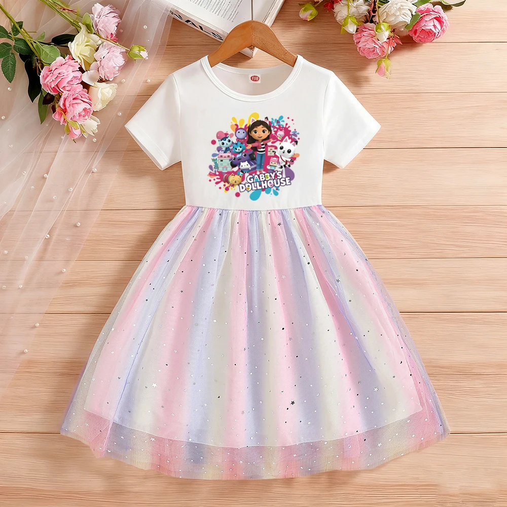 Kinderkleidung, neues Sommerkleid mit kurzen Ärmeln, Prinzessinnenkleid für Kinder, süßes Kleid für Babys, Geburtstagsparty, Regenbogenkleidung, 2–8 Jahre – Detail 2