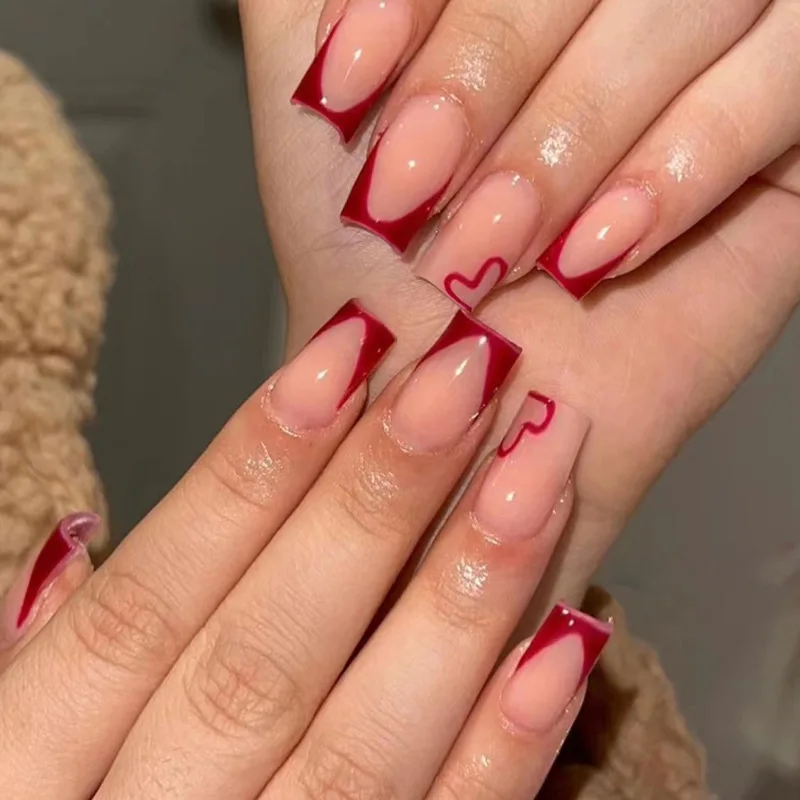 24 Uds. De uñas postizas francesas simples de color rojo vino con pegamento de gelatina, cabeza cuadrada corta, prensa en uñas postizas, diseño de patrón de amor, puntas para decoración de uñas