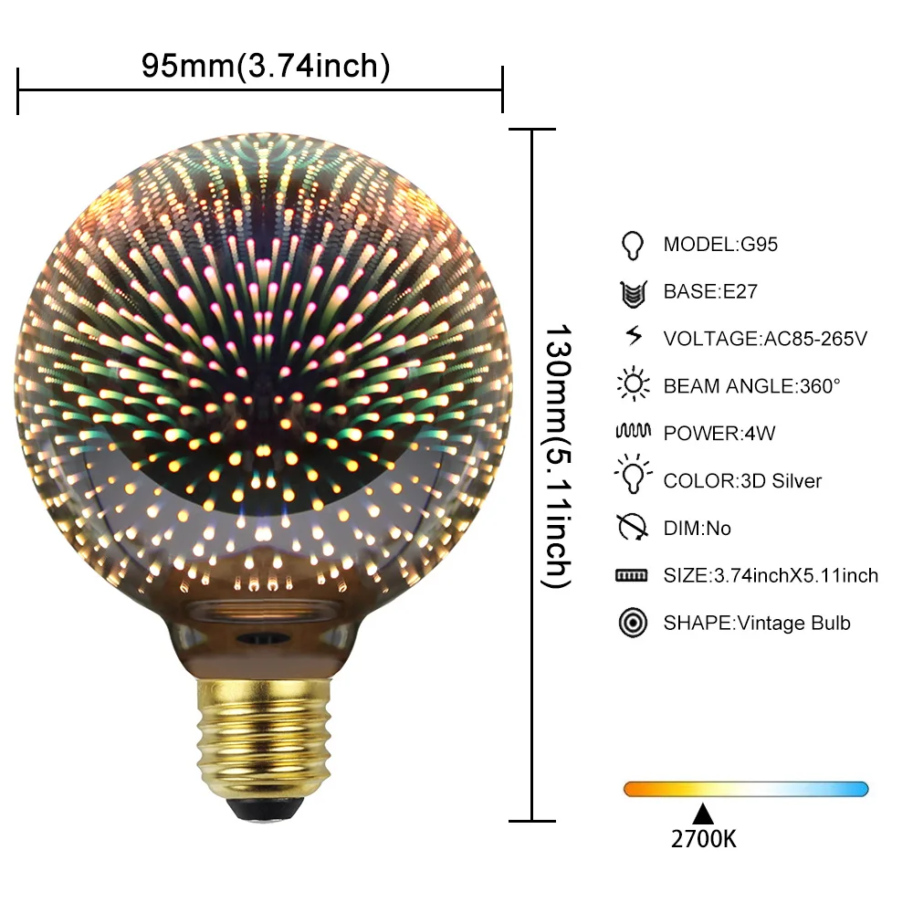 TIANFAN Edison Bulb G95 Big Globe Vintage Led Bulb 4W 3D Firework lampadina decorativa 110V 220V E26 E27 Teardrop