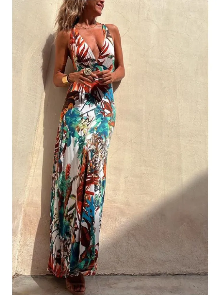 Sexy party lange jurken voor vrouwen bedrukte diepe v-hals backless mouwloze bodycon jurk zomer nieuwe bohemien strandstijl vestidos
