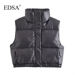 EDSA Women Black Faux Leather Padded Waistcoat for Autumn Winter Thick Warm PU Vest Jacket Chic Fashion Clothes Tops Outerwear