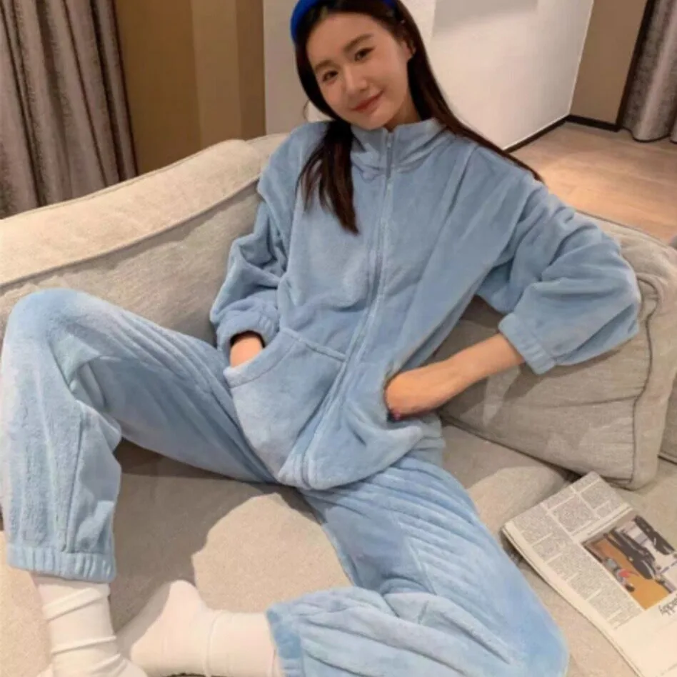 Women Thicken Velvet Ribbed Fleece Warm 2 Piece Solid Winter Warm Pullover And Pants Zip Suit Pajama Sets Can Be Worn Externally