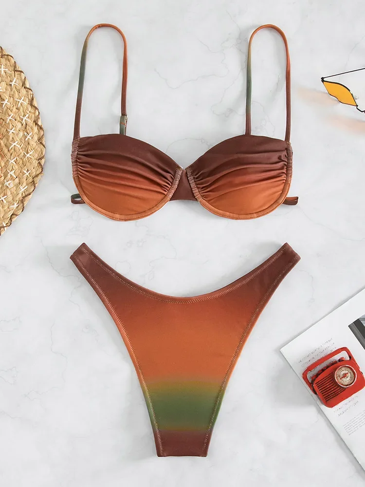 Gradient Wrinkled Underwired Brazilian Bikini Women Swimwear Female Swimsuit Two-pieces Bikini Set Bather Bathing Suit Swim Lady
