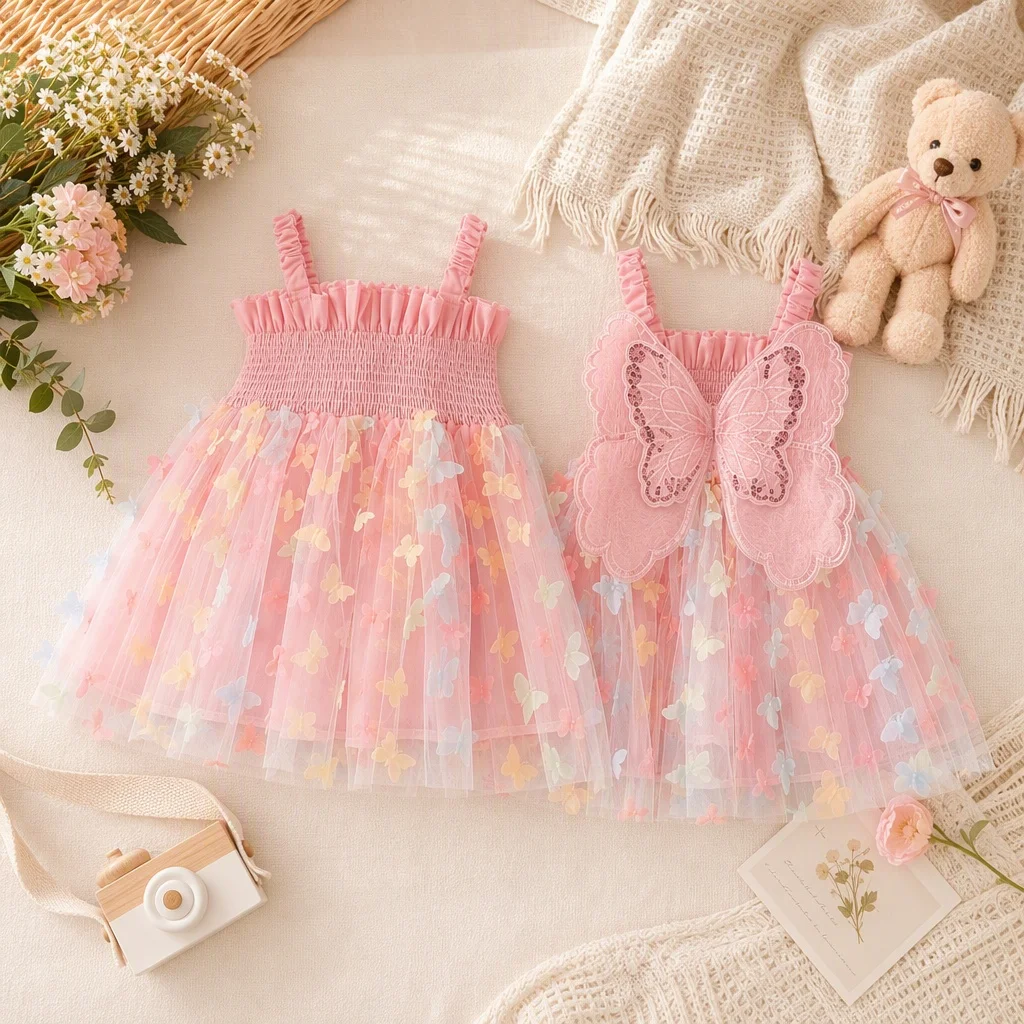 New Baby Girls Birthday Party Evening Dresses Summer Butterfly Wings Children Clothes Sweet Colorful Toddler Kids Costume