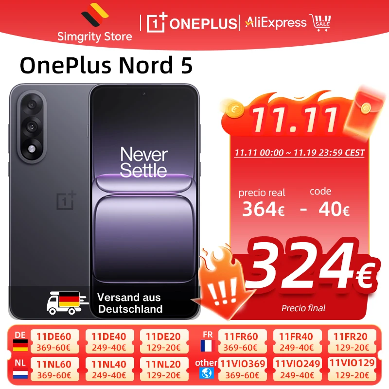 Smartphone OnePlus Nord 5 8 Go + 256 Go/12 Go + 512 Go, écran AMOLED 1,5K (FHD+) de 6,83 pouces, 2800 x 1272, Snapdragon 8s Gen 3, Android 15, appareil photo 50 Mpx OIS+EIS, batterie 6800 mAh, 80 W,