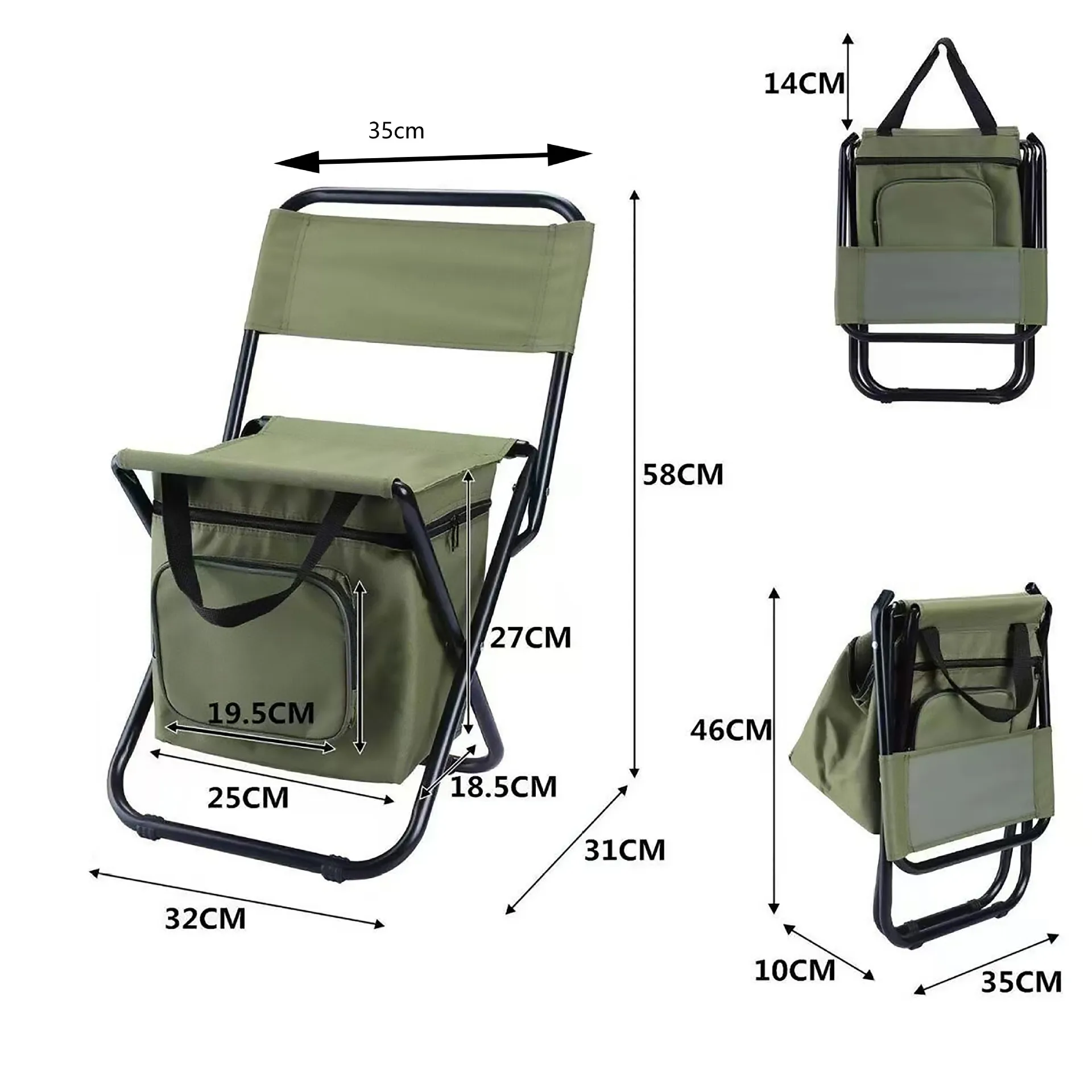 Portable Outdoor Folding Chairs with Backrest 3-in-1 Stool Camping Fishing Dedicated Seats Large Capacity Insulation Storage Bag