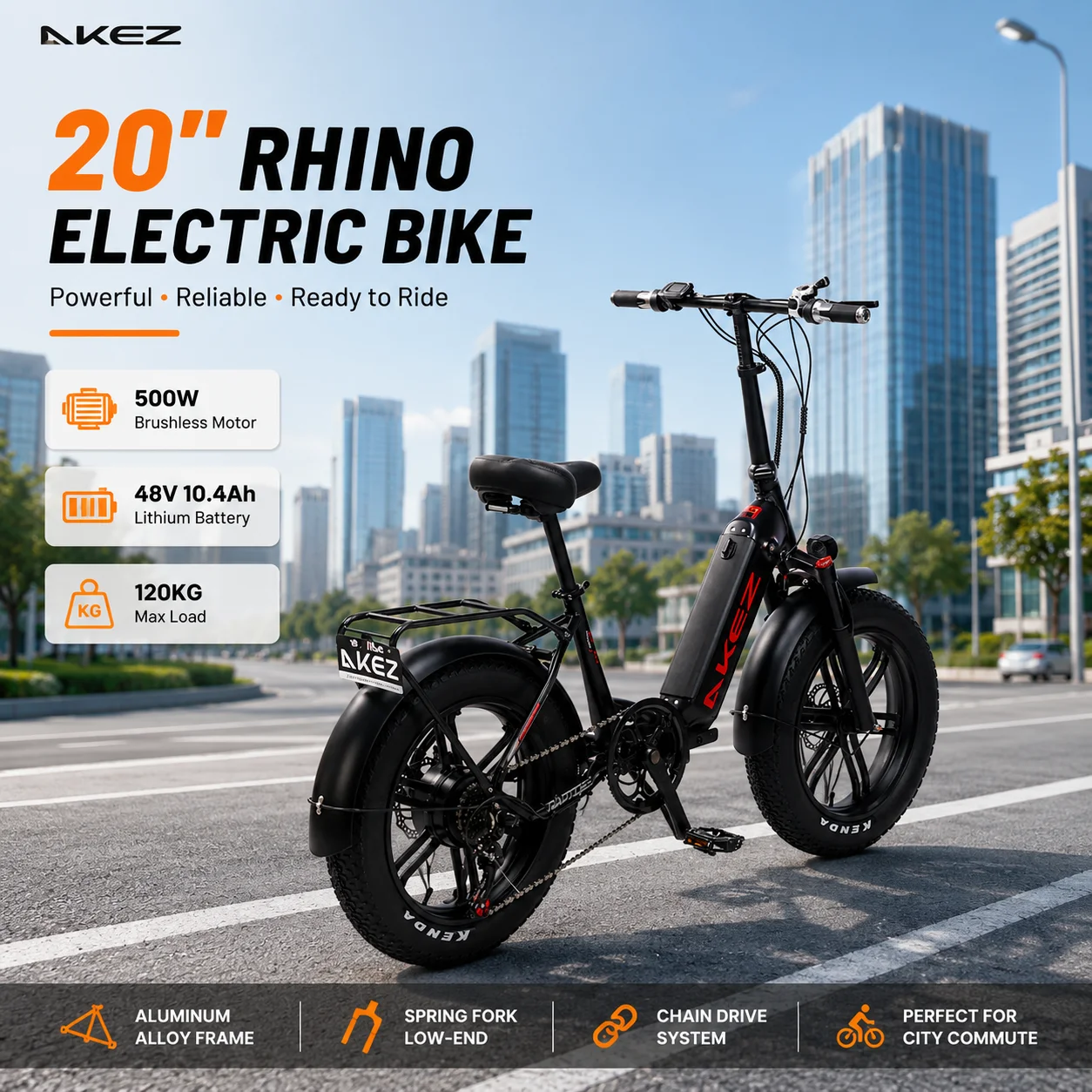 

AKEZ E-Bike 20” Folding Electric Bicycle 500W Brushless Motor 48V 10.4Ah Battery Compact E-Bike for RV Travel and Camping