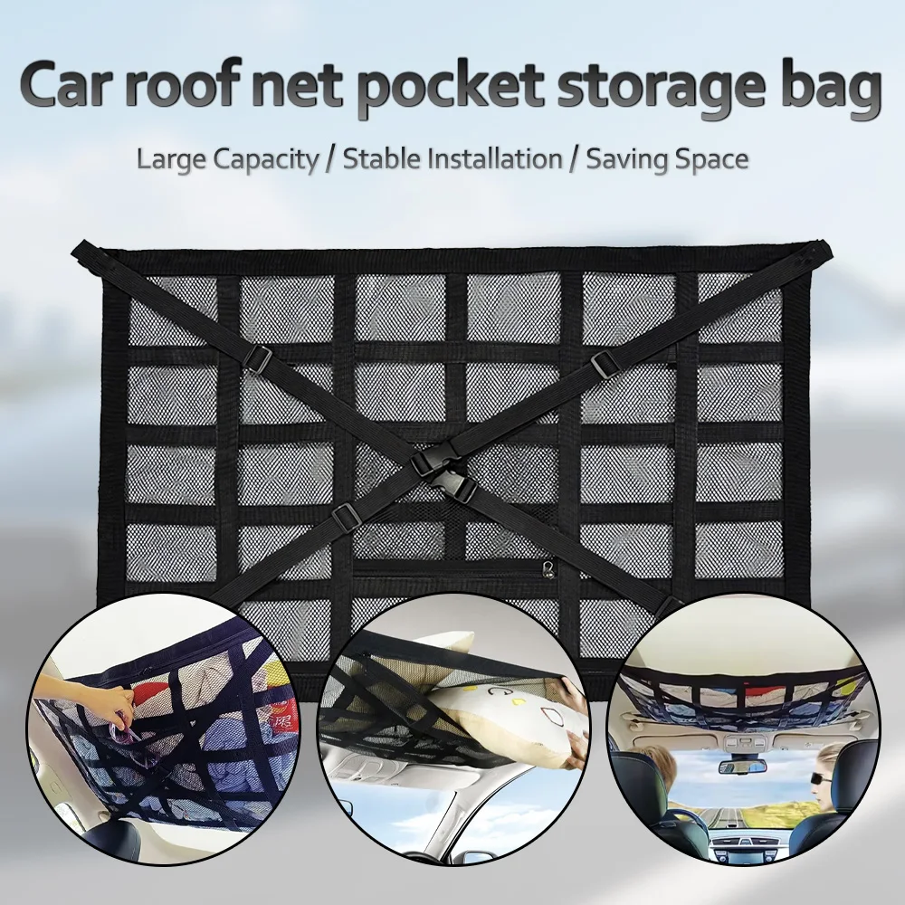 

Car Storage Bag Breathable Mesh Bag Roof Storage Bag Double Zipper Double Pocket Grid Hanging Bag Automobile Supplies