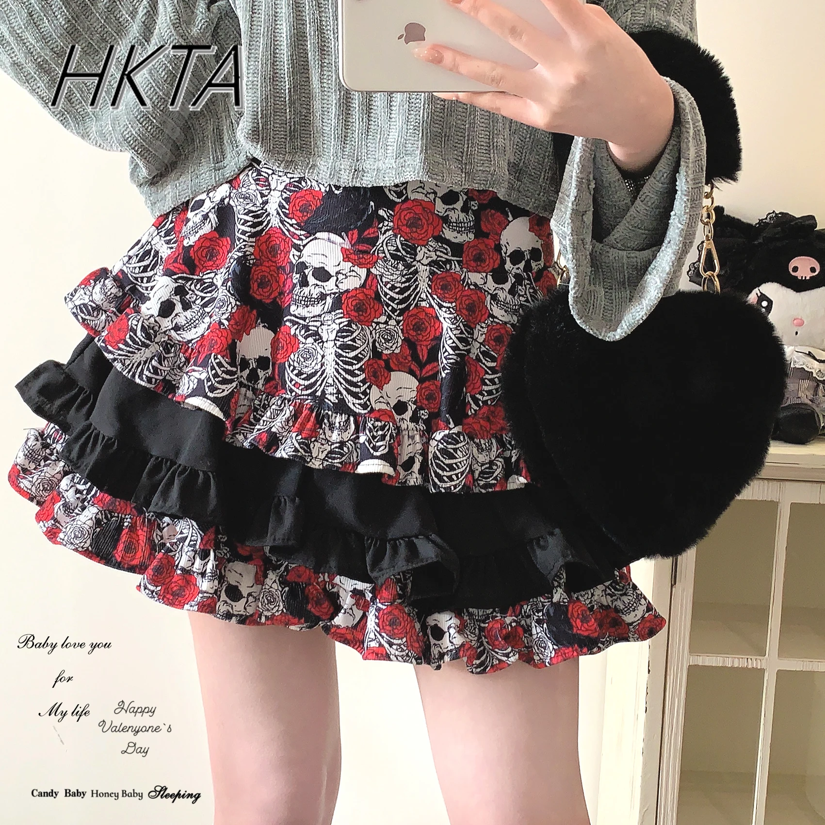 Spring and Summer Rose Dark Ladies Skirt Yabi Vintage Girl Mini Skirt Punk Style Cascade Print Corduroy Short Skirts for Women