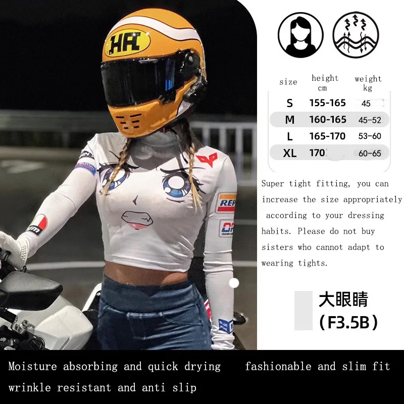 Женская мотоциклетная быстросохнущая высокоэластичная впитывающая пот футболка, облегающая вставка, сексуальный укороченный топ с полувысоким воротником и принтом Женская мотоциклетная быстросохнущая высокоэластичная впитывающая пот футболка, облегающая вставка, сексуальный укороченный топ с полувысоким воротником и принтом