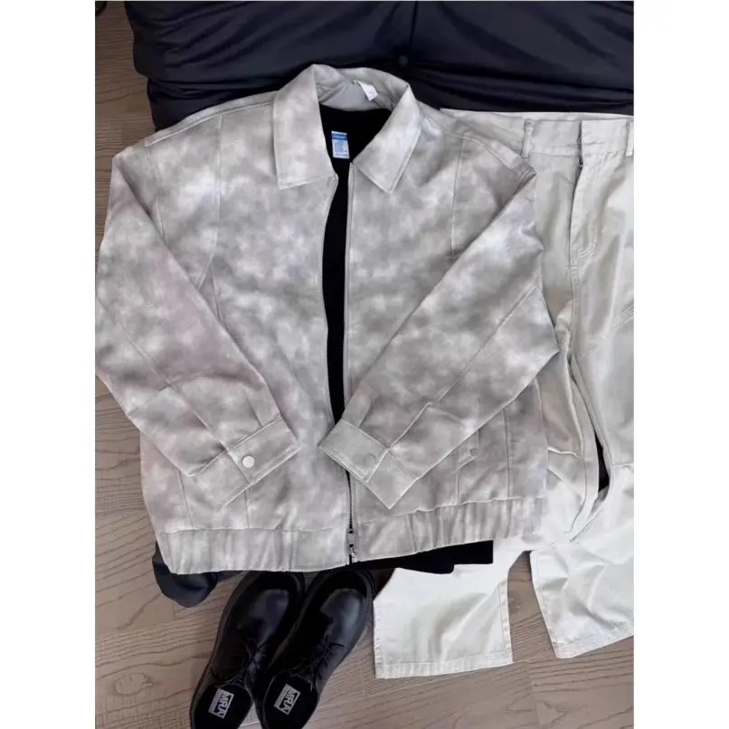 

American Retro Dyeing Leather Jaet Men's High-End Sle Cool Streetwear Motorcycle Windproof Baseball Coat Loose Fit Autumn