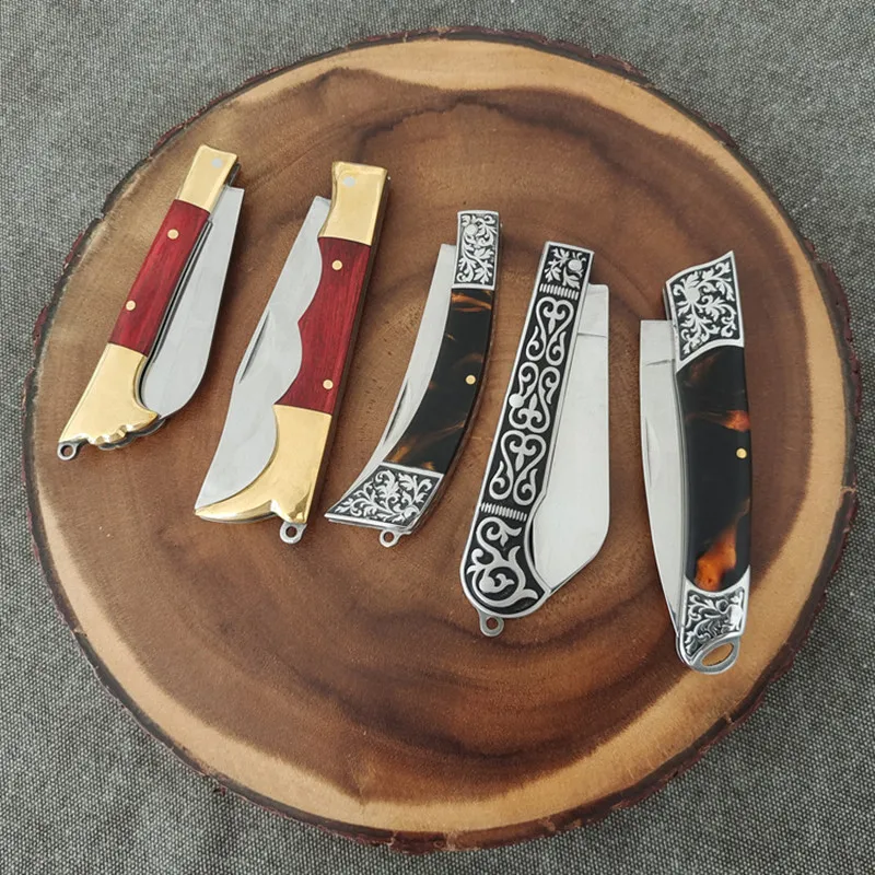 New Hot Selling Copper Head Solid Wood Pattern Etching Steel Head Resin Handle Folding Knife Outdoor Roast Lamb Chopping Knives