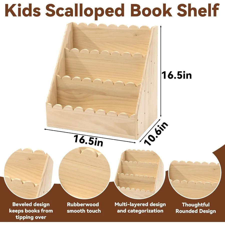 Scalloped 3Tier Wooden Bookshelf for Aged 15 Years Perfectly Sized for Toddlers Durable and Stylish Book Organizer for Nursery