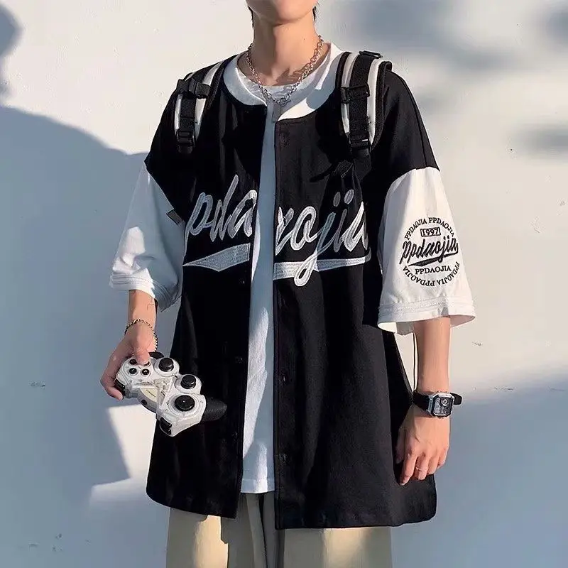 Baseball Shirt Men and Women Hippie Vintage Oversized Hip Hop Streetwear Korean Style Short Sleeve Button Up Blouse Summer Shirt