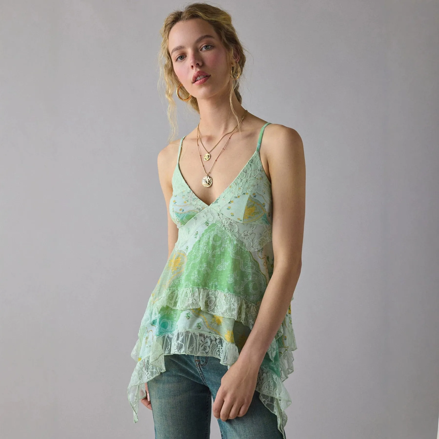Ruched Floral Print Top a Line Resort with Spaghetti Strap Sleeveless Regular Length Sweet and Fresh Summer Tank Top for Women