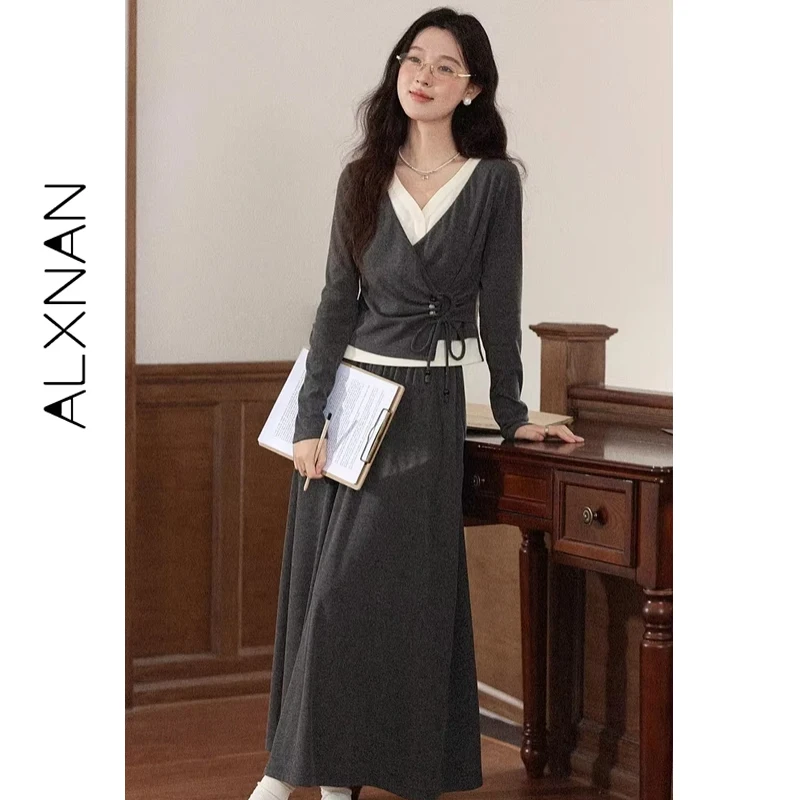 ALXNAN Casual Röcke Hohe Taille Vielseitig Gestrickte Stretch Mid-länge Rock Neue Herbst Entspannt Weiche frauen Kleidung L569115-1