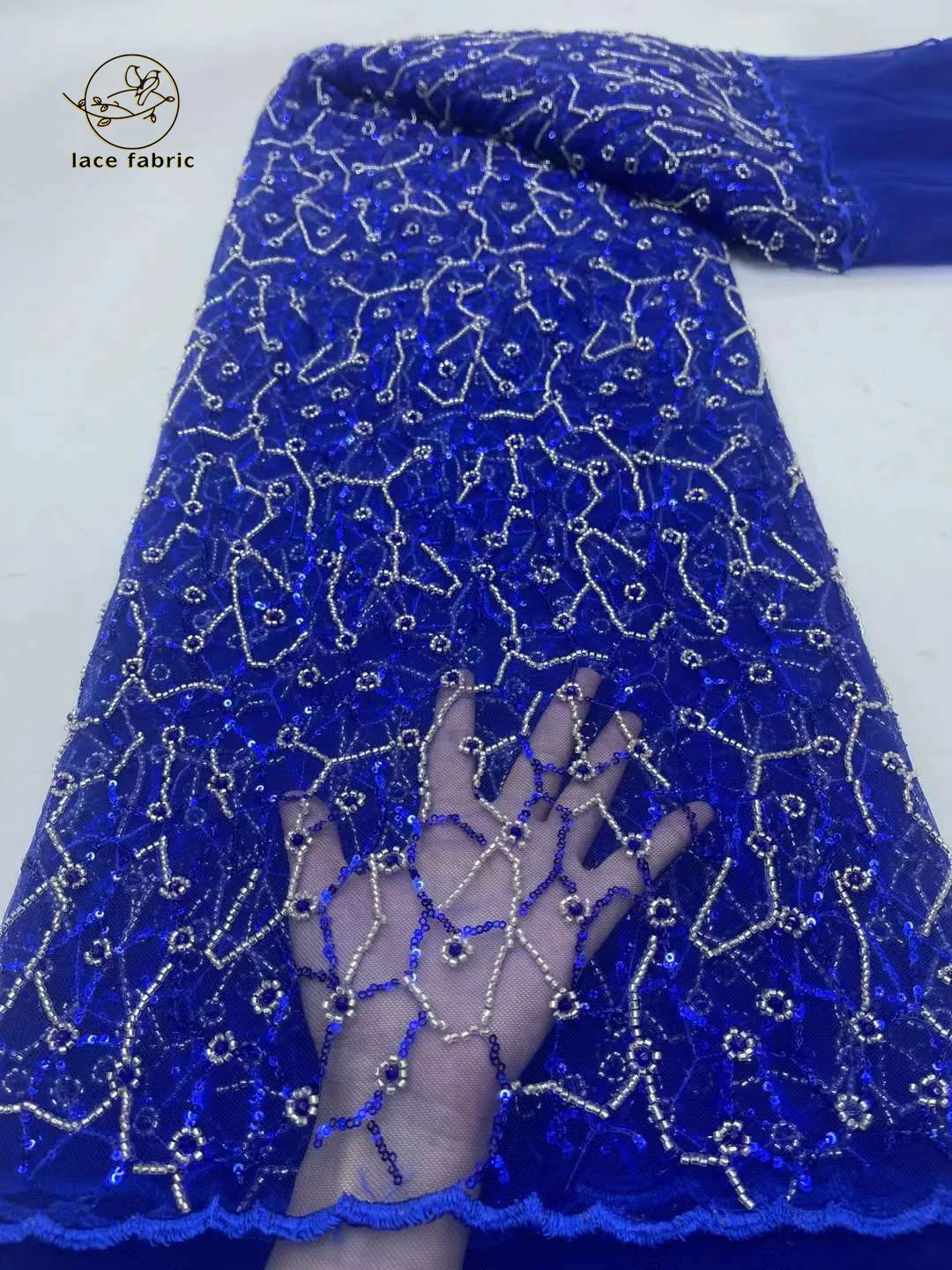 

Blue African Beaded Lace Fabric 2024 5 Yards High Quality Lace French Nigerian Tulle Lace Fabric for Sewing Dress Wedding Party