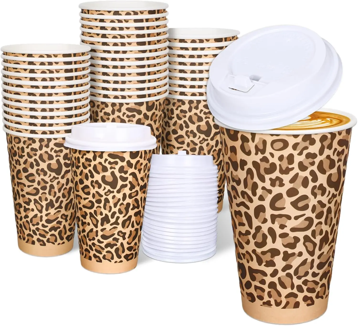 

50Pcs Brown Leopard Print Paper Cups Jungle Animal Disposable Coffee Cups with Lids 16 Oz Decorative Party Cups for Grad