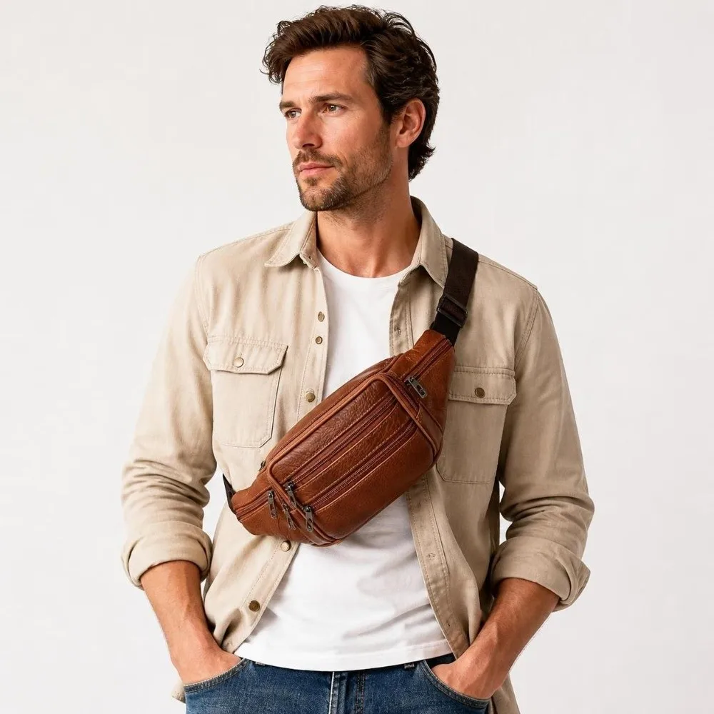 Luxury Multi-Pocket Leather Fanny Pack Leather Belt Loop Design Waist Bag Adjustable Strap Crossbody Waist Bag Men
