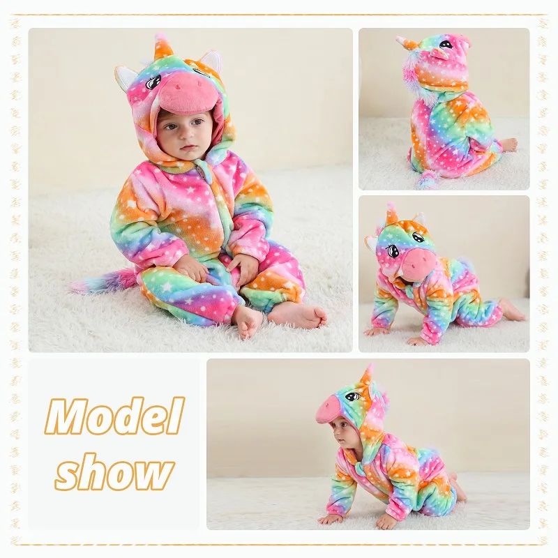 MICHLEY NEW Halloween Rainbow Unicorn Baby Rompers Winter Clothes Cartoon Flannel Costume Soft Bodysuits Overall Bebe For 2-36M