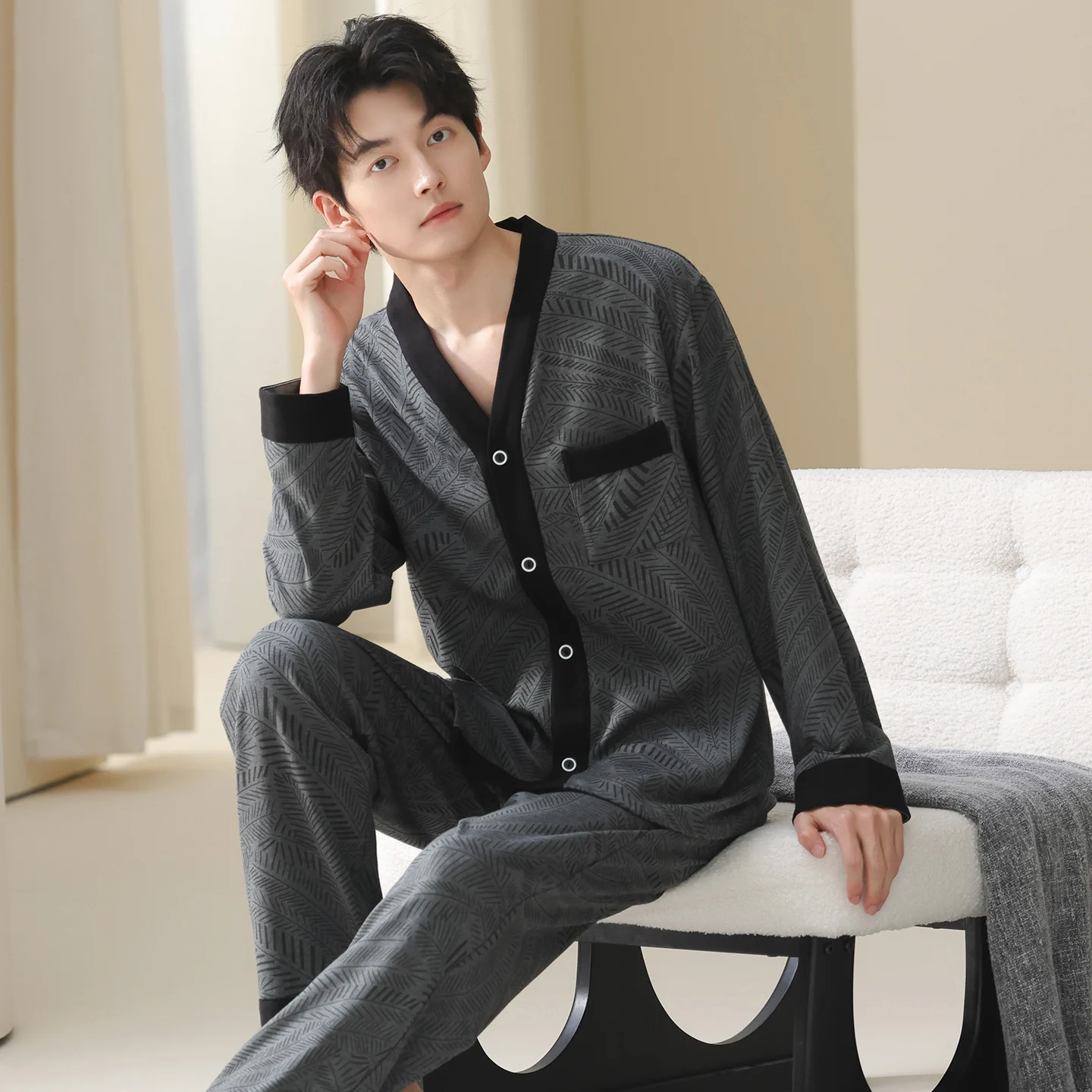 Spring Autumn V-Neck Pyjamas Male Pajamas Sets Elegant Print Japanese Kimonos For Men Big Yards M-3XL Knit Cotton Yukata Pijamas