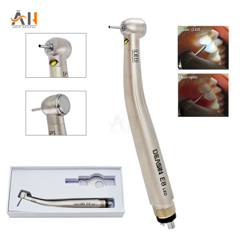 

DEASIN Dental LED High Speed Handpiece With Lights E-generator Integrated Standard/Mini Head Push Button Quattro Spray 2/4 Holes