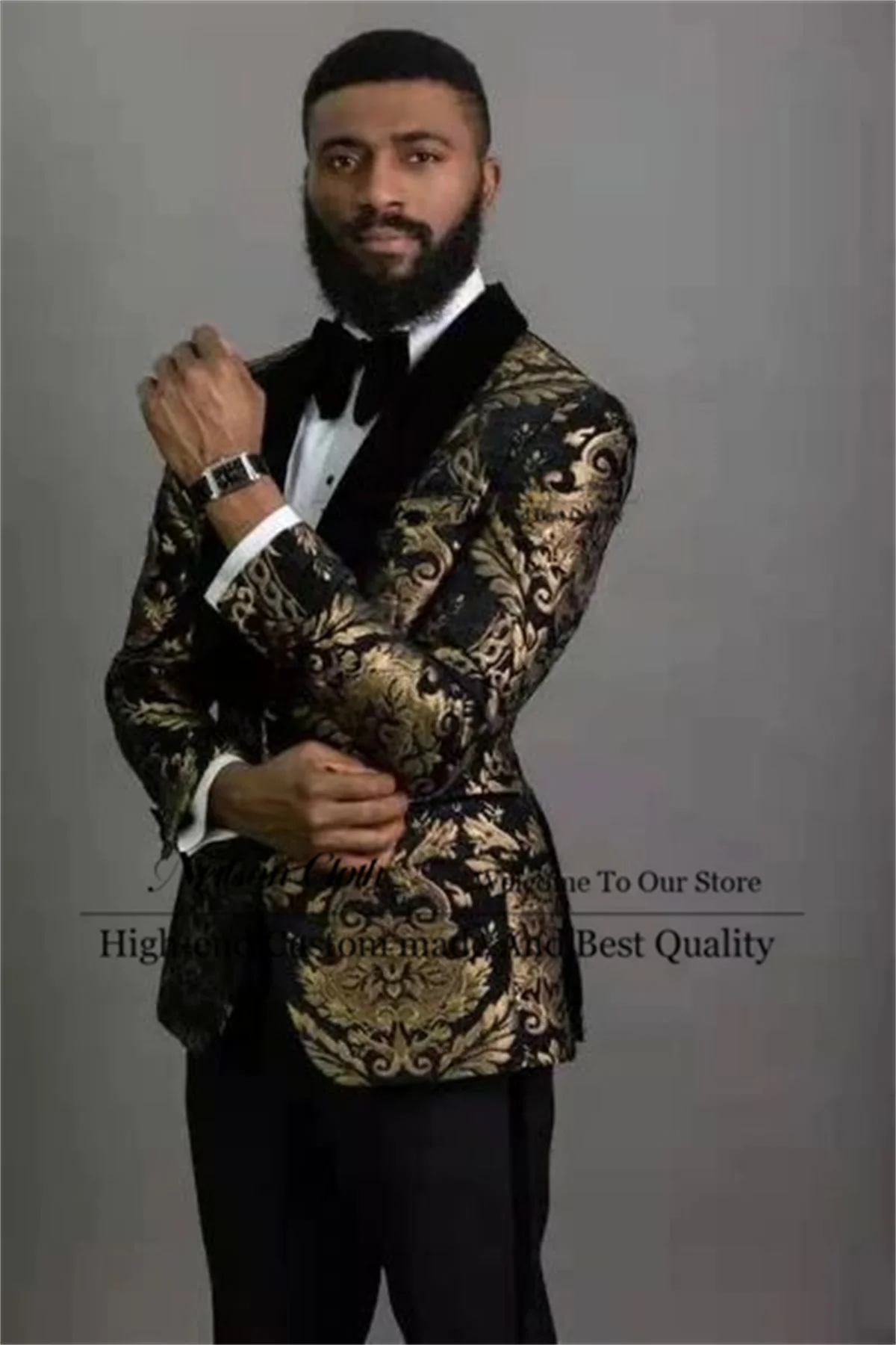 

Jacquard Jacket Male Prom Blazers 2 Pieces Sets Black Pants Groom Wedding Tuxedos Customized Shawl Lapel Terno Masculino