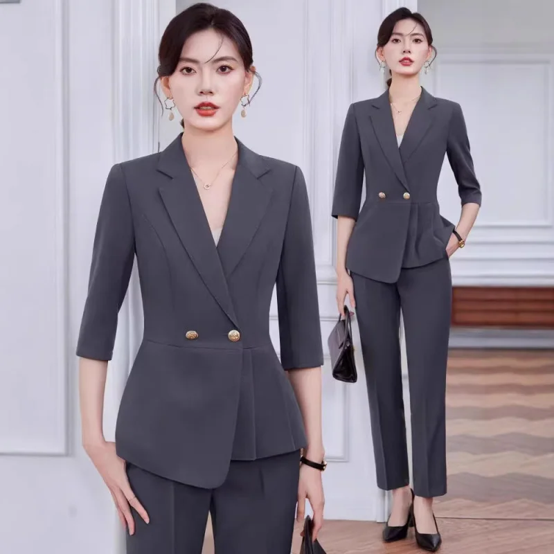 High-end gray women's suit set, summer thin professional attire, elegant goddess style, mid-sleeve blazer, workwear
