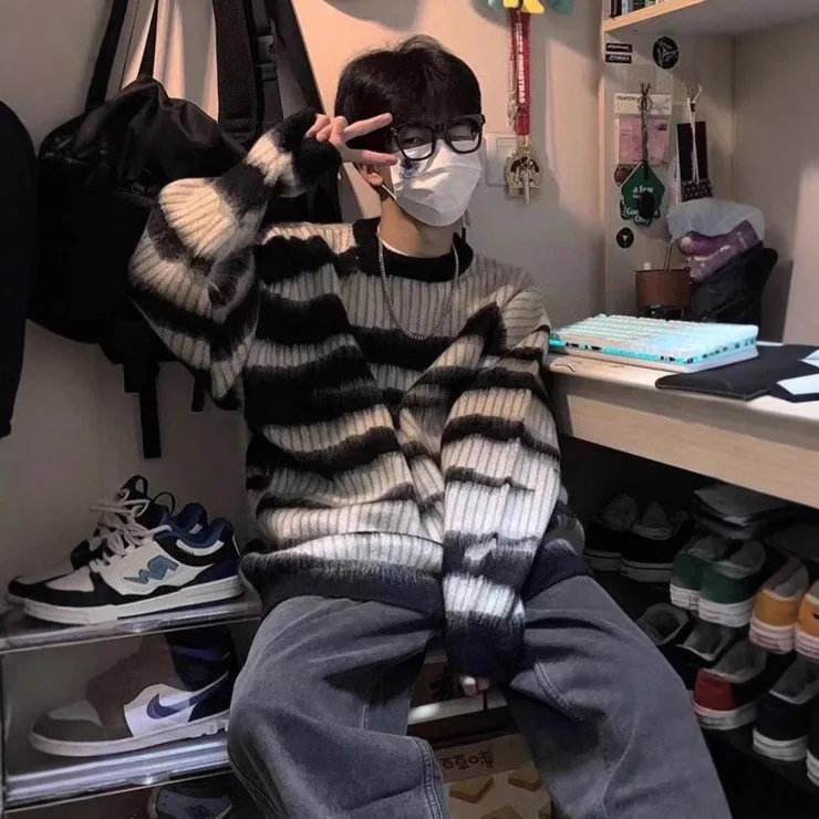 

Свободный полосатый американский ретро-свитер Camere для мужчин и женщин, повседневный вязаный свитер, осень-зима, ленивый слэ, полиэстер F...