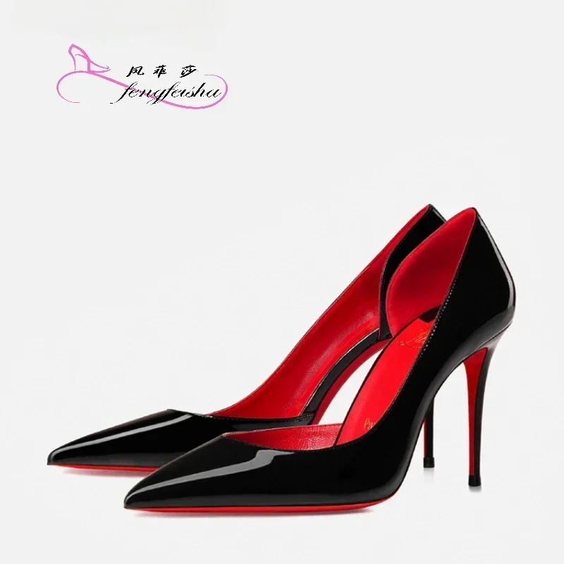 

New Black Lacquer Leather Simple and Sexy Shallow Mouth Open Toe Side Air Leakage Amazing Red Inner Hentian High Heels