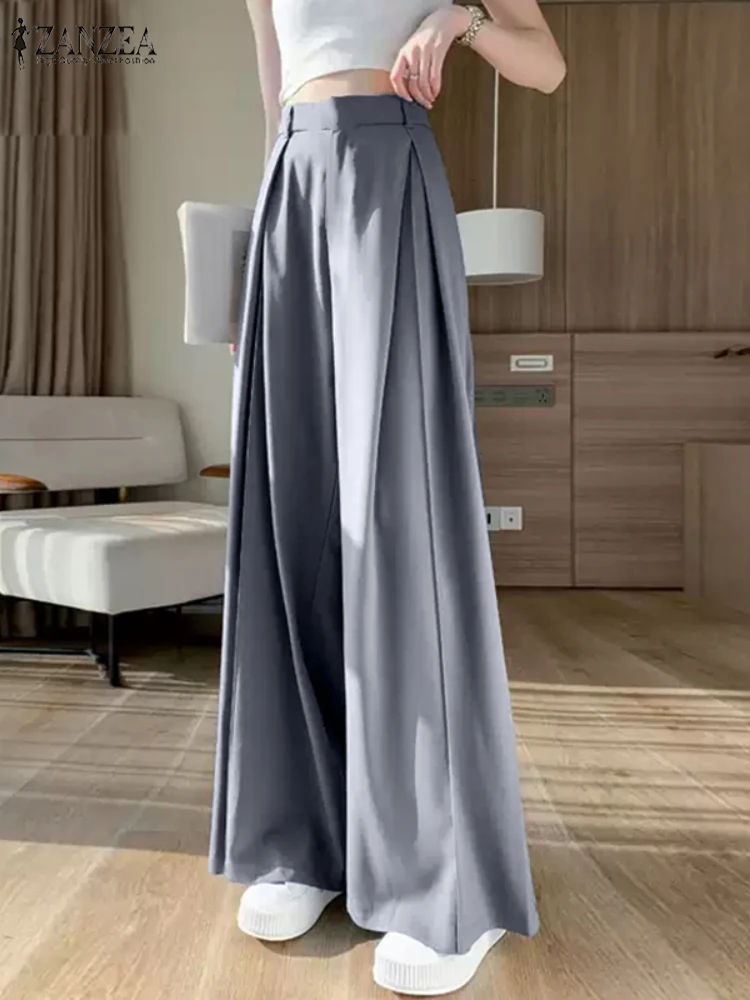 ZANZEA Pantaloni casual a gamba larga da donna eleganti Elastico a vita alta 2025 Pantaloni solidi larghi primaverili Pantaloni con pieghe invertite da donna