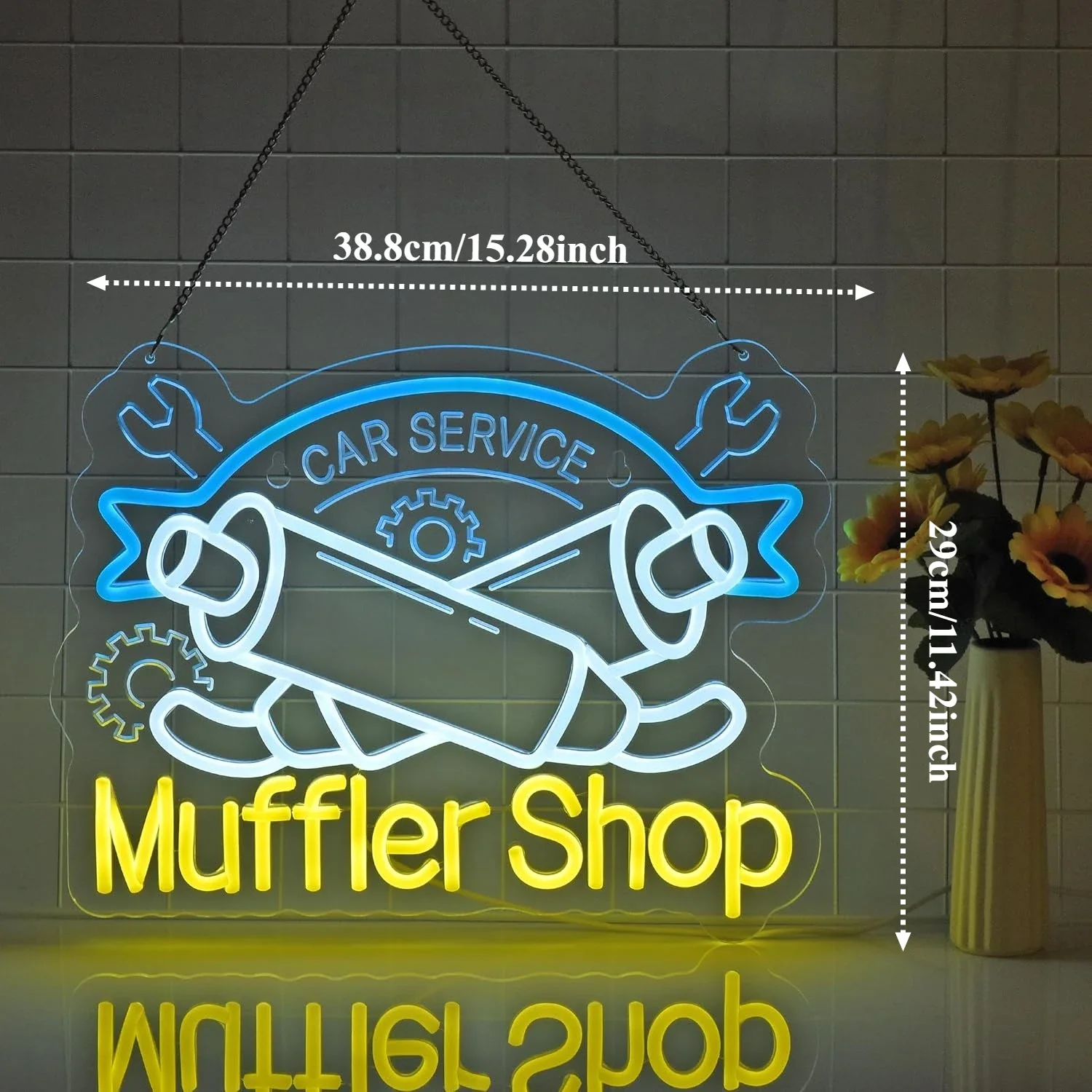 Muffler Shop Car Service Neon Sign Wrench Gear LED Wall Art USB Powered Lamp Auto Repair Decor Garage Workshop Hanging Light