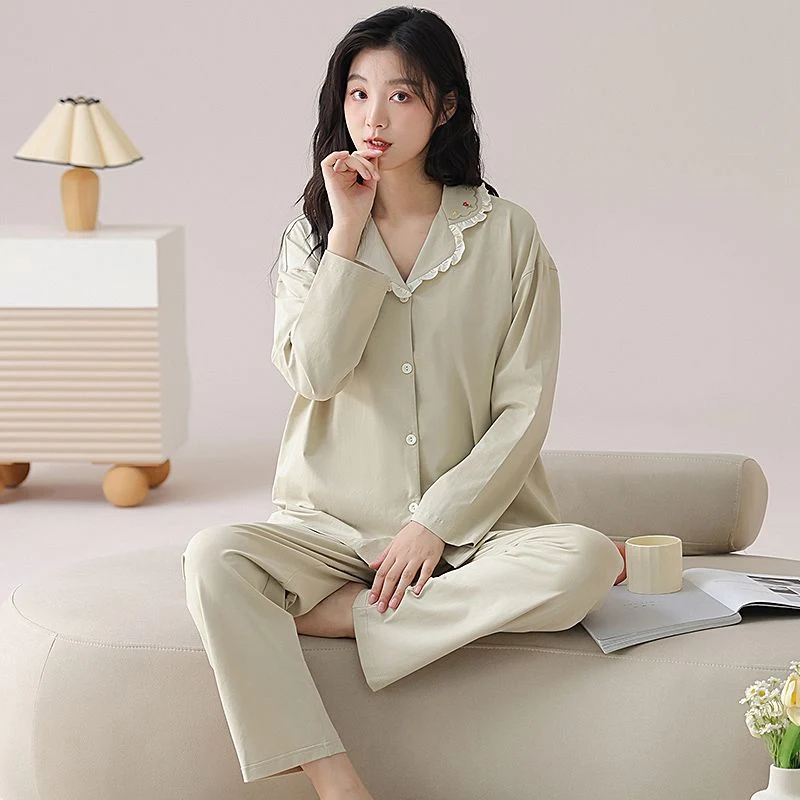 

2025 Autumn Long Sleeve 100% Cotton Cute Lace Pajama Sets for Women Korean Sleepwear Pyjama Homewear Pijama Mujer Home Clothes