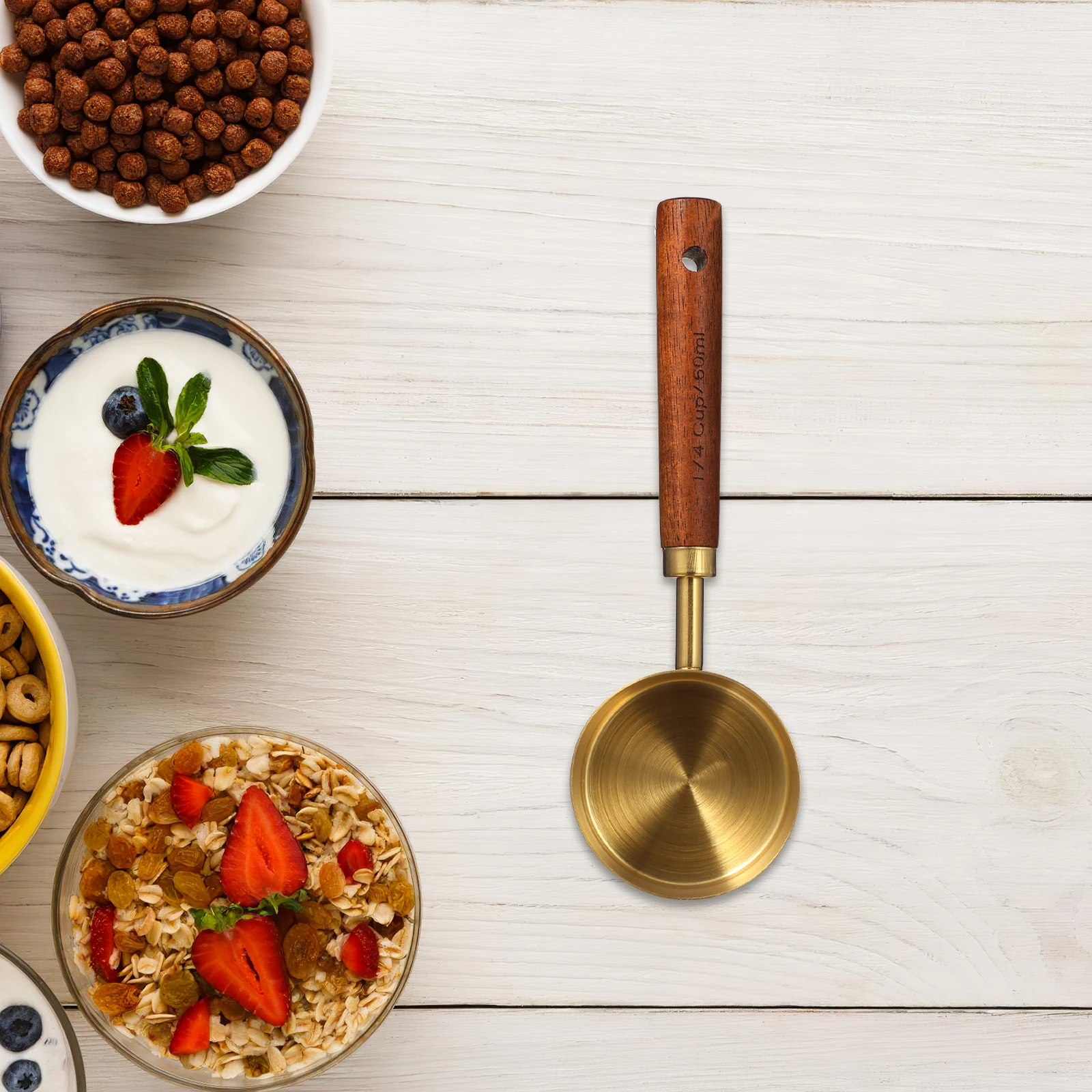 

Stainless Steel Measuring Cup Gold Finish Wooden Handle Kitchen Coffee Baking Measuring Spoon 60ml Metal Cooking Utensil